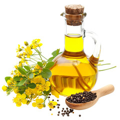 Glass Bottle of Mustard Oil Surrounded by Seeds and Flowers.