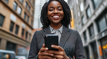 A smiling Black woman in her 30s holds a smartphone while standing in a city street, showcasing confidence and urban style in a modern business environment.