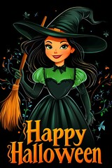 illustration of a green witch character with the text "Happy Halloween"