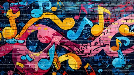 Vibrant Street Art Mural with Captivating Music Notes and Urban Elements