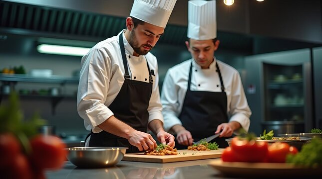 Culinary Mastery: Professional Chefs Collaborating in Modern Gourmet Kitchen