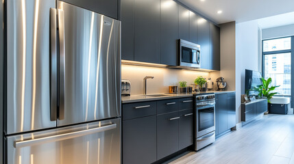 Fototapeta premium A sleek and modern kitchen with gray cabinets and stainless steel appliances in a luxurious apartment. --ar 16:9 --v 6.1 Job ID: fd0d1bb4-3bbd-4c0c-8089-f23e2ff73254