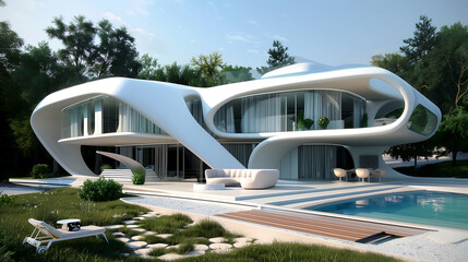 Futuristic Eco-Friendly House. flowing lines. architecture. Against the sky .Generative AI