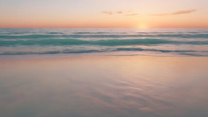 Obraz premium Expansive Crystal-Clear Ocean at Horizon | Serene Beach with Gentle Waves and Reflective Water Mirroring Soft Pastel Sunset Colors 