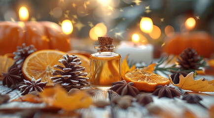 Essential Oil Perfume Recipes for a Cozy Autumn. Warm autumn glow with a few natural ingredients. Generative AI.