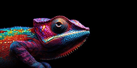 Fototapeta premium Photo of a colourful chameleon isolated against a black background, emphasising the chameleon's majestic features. Wildlife and conservation concept, space for copy.