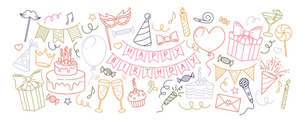 Colorful Birthday Party Doodles With Cake, Balloons And Decorations In Linear Style For Celebrations And Invitations