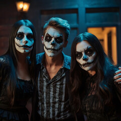 Group of young people dressed up as spooky characters at Halloween costume party.