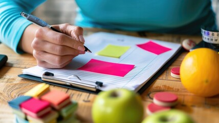 person writing down weight loss goal on sticky note, motivational message, fitness inspiration