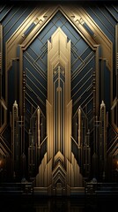 Art deco background. A stunning art deco style wall design featuring intricate geometric patterns in gold and deep blue. 