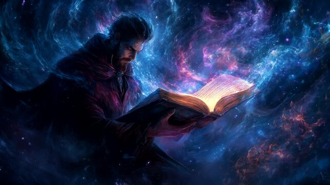 Sorcerer opens a glowing book, releasing ethereal creatures in an endless mystical library. Fantasy looping 4k video animation background
