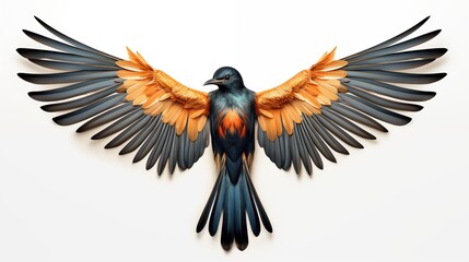 Art deco bird. A beautifully crafted bird with an intricate design, featuring vibrant orange and blue feathers. The wings are spread wide, showcasing a stunning display.