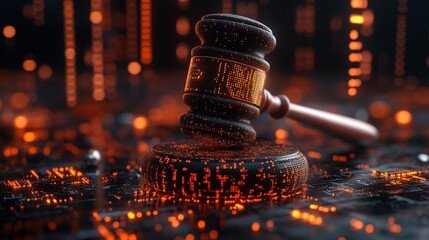 Judge's digital gavel, cutting-edge new technologies, digitalization of justice.