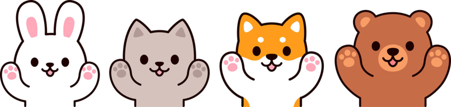 Cute cartoon animals with raised paws for hug. Bunny, cat, dog and bear. Simple kawaii characters drawing, illustration set.