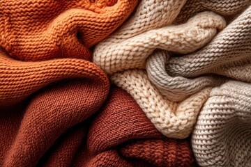 Fototapeta premium A cozy arrangement of knitted fabrics in warm tones, perfect for autumn or winter warmth and texture inspiration.