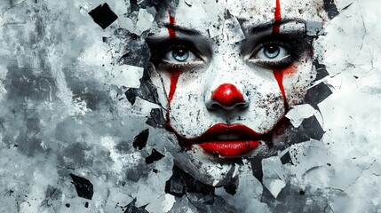 Surreal image of a beautiful female face in clown makeup peeking out from a shattered background