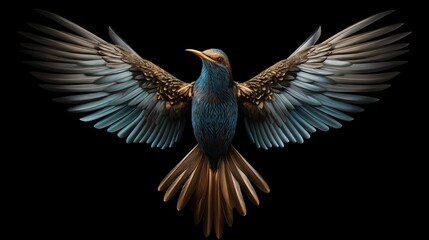 Obraz premium Art deco bird. A beautifully detailed illustration of a bird with vibrant blue and brown feathers, wings spread wide against a black background. 