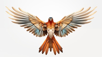 Fototapeta premium Art deco bird. A beautifully illustrated bird with vibrant orange, blue, and white feathers, showcasing its wings spread wide against a light background.