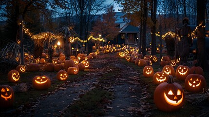 A spooky path lined with glowing jack-o'-lanterns illuminated by string lights leading to a mysterious house in the woods.