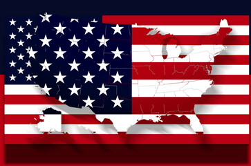 flag of America on red blue background, deep dark colors, United States of America, USA, simplified state-border map
