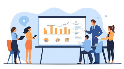 Obraz premium A diverse group of professionals collaborating during a business presentation, featuring graphs and charts on a screen. The mood is focused and engaged.