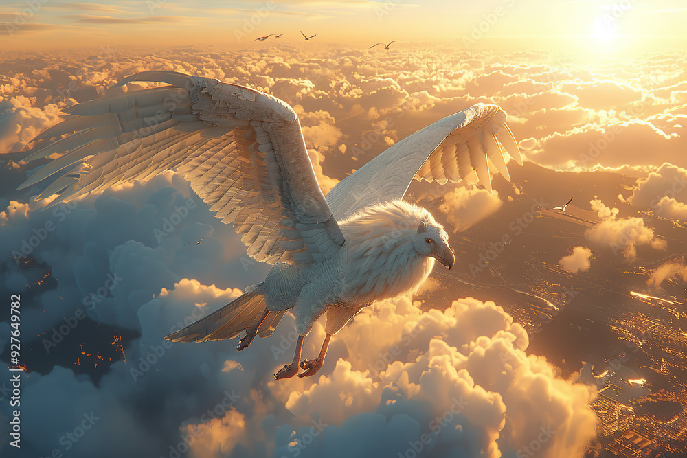 Sticker majestic white bird soaring above the clouds at sunset