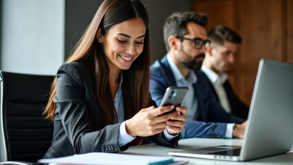 Fototapeta premium Focused Businesswoman Checking Her Phone During a Key Corporate Meeting