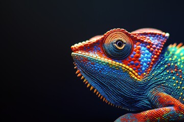 Obraz premium Photo of a colourful chameleon isolated against a black background, emphasising the chameleon's majestic features. Wildlife and conservation concept, space for copy.