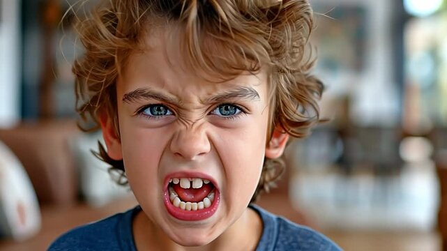 Little boy, furious, grimacing and acting aggressively