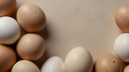 Easter eggs stacked in a pyramid, black, brown, white, on light pastel cream background, minimalist vibe.