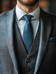 Man in a tailored gray suit with a blue tie, indoors