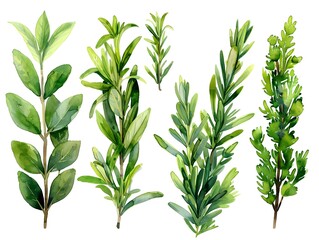 Fototapeta premium Watercolor Herb Leaf Set on White Background Fresh Culinary Botanical