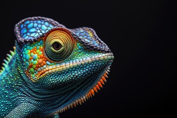 Photo of a colourful chameleon isolated against a black background, emphasising the chameleon's majestic features. Wildlife and conservation concept, space for copy.