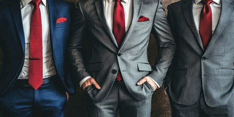 Three men in suits with red ties posing for a formal portrait indoors