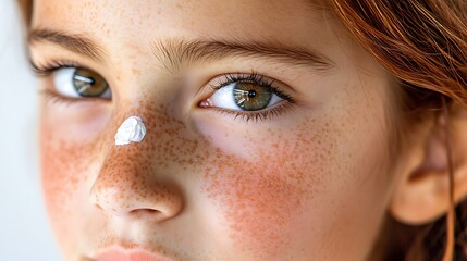 Fototapeta premium A young Caucasian girl with striking green eyes and freckles gazes softly, a dab of sunscreen on her nose, capturing the essence of summer skincare.