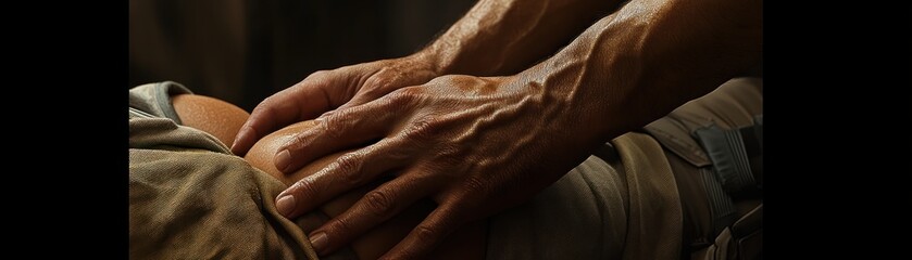 Fototapeta premium Manual Therapy for Muscle Recovery Therapist's Hands Applying Pressure to Focused Patient During a Session, Promoting Healing and Pain Relief