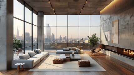 Obraz premium Minimalist art style, loft, floor to ceiling windows, oak and steel decor. Generative AI.