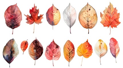 Obraz premium Vibrant Autumnal Watercolor Leaves Collection on White Background