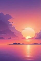 Obraz premium Sunset over a calm ocean with soft, gradient hues of orange, pink, and purple, designed to evoke peace and tranquility in a coastal-themed bedroom. Generative AI