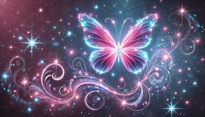 A magical and enchanting scene featuring a luminous butterfly with iridescent wings, glowing in shades of pink, purple, and blue