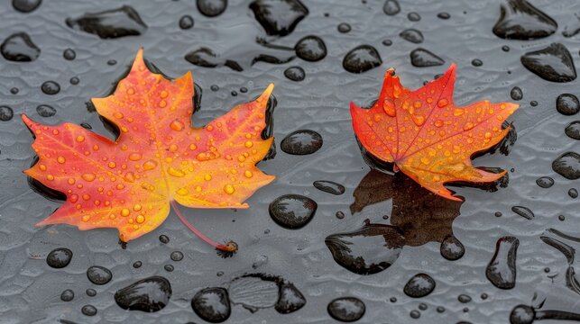 Two Vibrant Orange and Red Maple Leaves with Rain Water Droplets Lay on a Wet Grey Stone Background