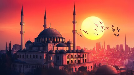 Obraz premium Cartoon style illustration of mosque in Istanbul at sunrise