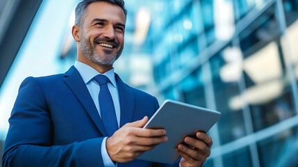 Fototapeta premium The man in the suit The man is working with his Ipad.is smiling happily