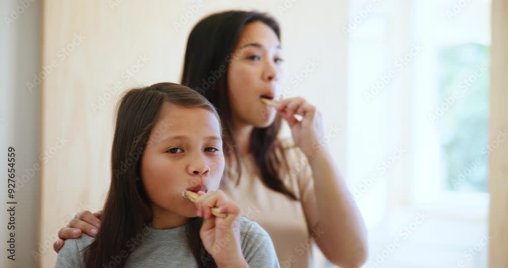 Canvas Prints Mom, girl and brushing teeth in morning routine, mirror and plaque in bathroom, hygiene and wellness. Dental care, oral health and toothbrush with toothpaste for gum disease, cleaning and whitening