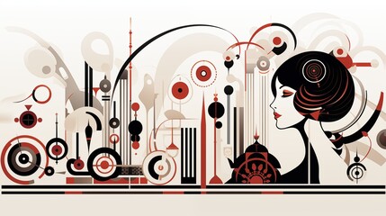 A stylized art deco illustration featuring a woman's profile with a modern city skyline in the background. The artwork uses a palette of red, black, and beige.