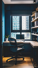 elegant home working space with wooden desk, desktop PC, chair, and dark blue wall - in vertical orientation