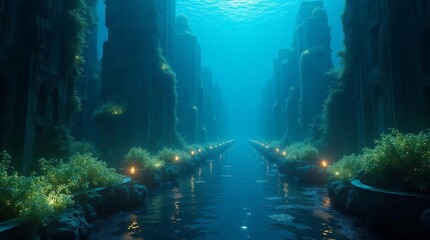 Obraz premium Enchanted Underwater City: Bioluminescent Fantasy Realm with Magical Lights and Submerged Ancient Structures