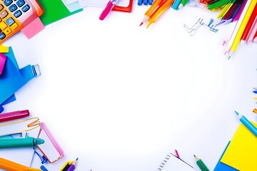 Colorful school supplies scattered on white background, featuring notebooks, pencils, markers, and more.