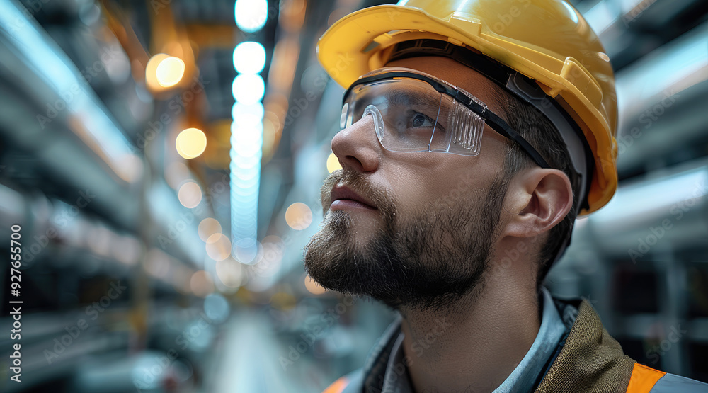 Aufkleber worker in hard hat and glasses gazes at overhead light network. generative ai.