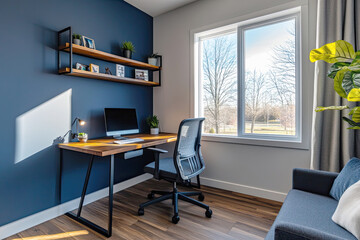 cozy home working space with a wooden desk, desktop PC, chair, and dark blue wall